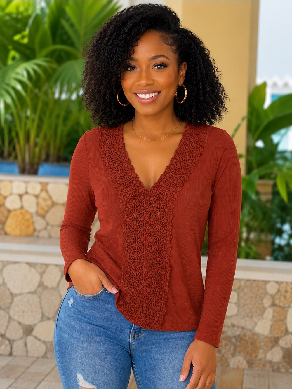 MAURICES Boho Rust Crochet Trim V-Neck Long Sleeve Top Size XS